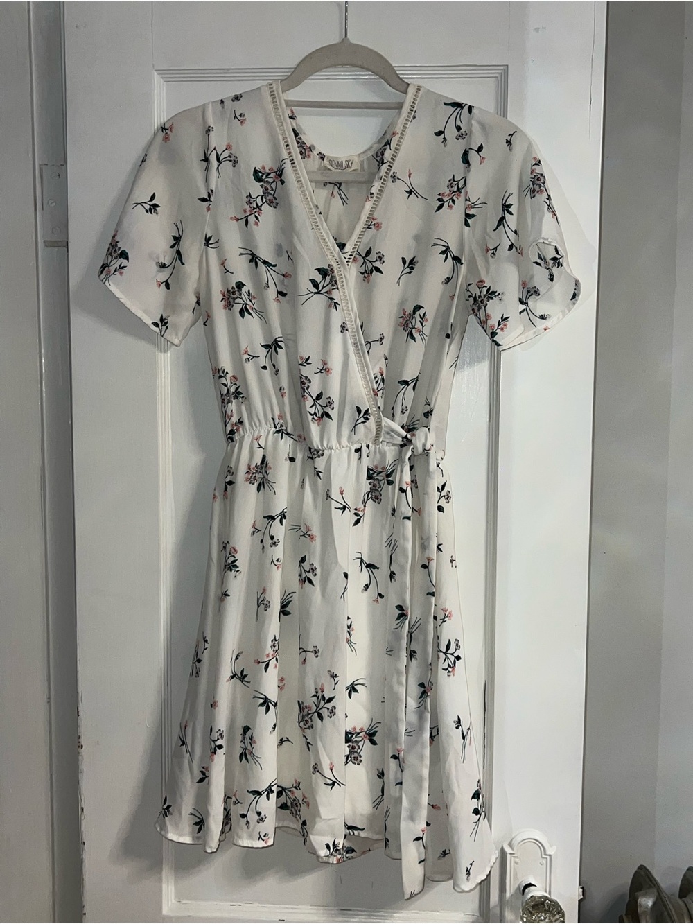 Sienna Sky Cream Floral Wrap Midi Dress with Navy & Blush Accents